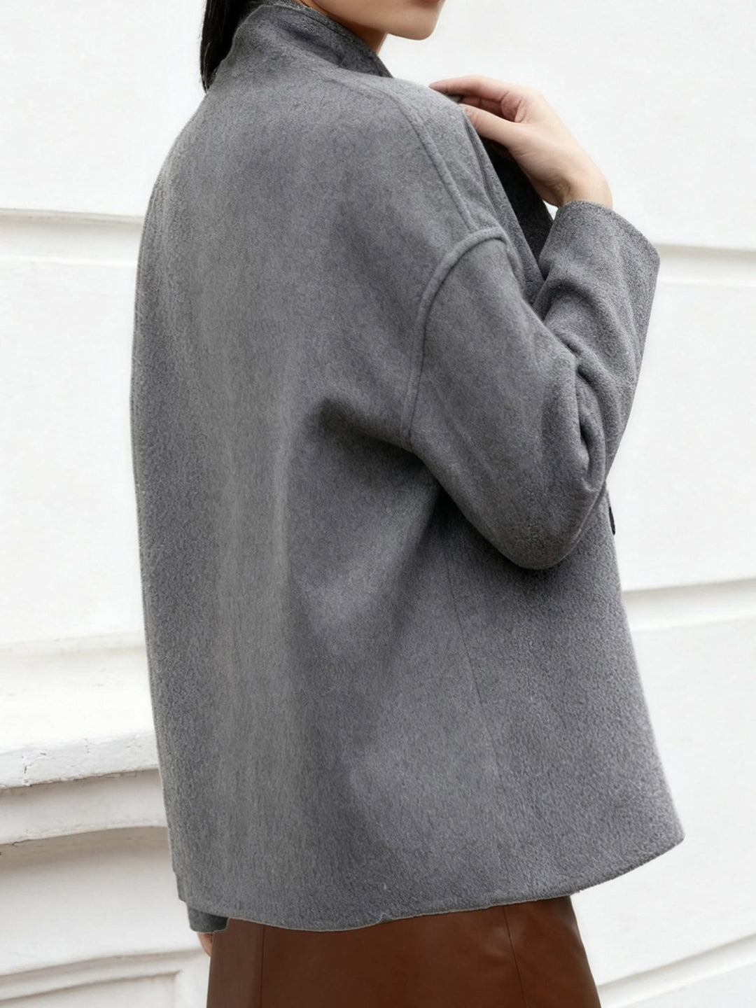 Cropped Wool Pea Coat for Women - Double Breasted Stand Collar Coat