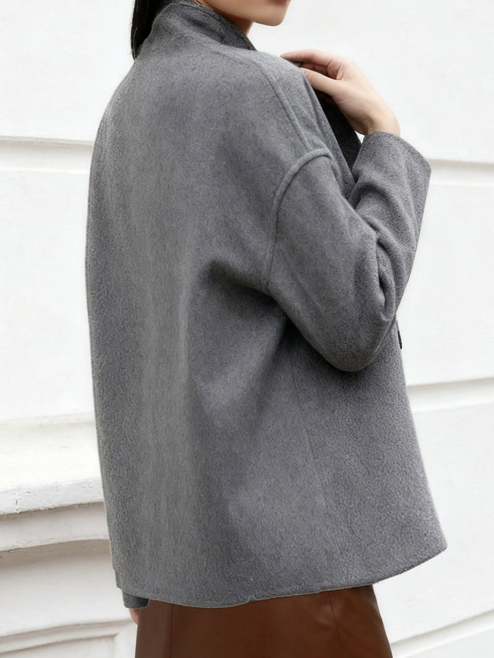 Cropped Wool Pea Coat for Women - Double Breasted Stand Collar Coat