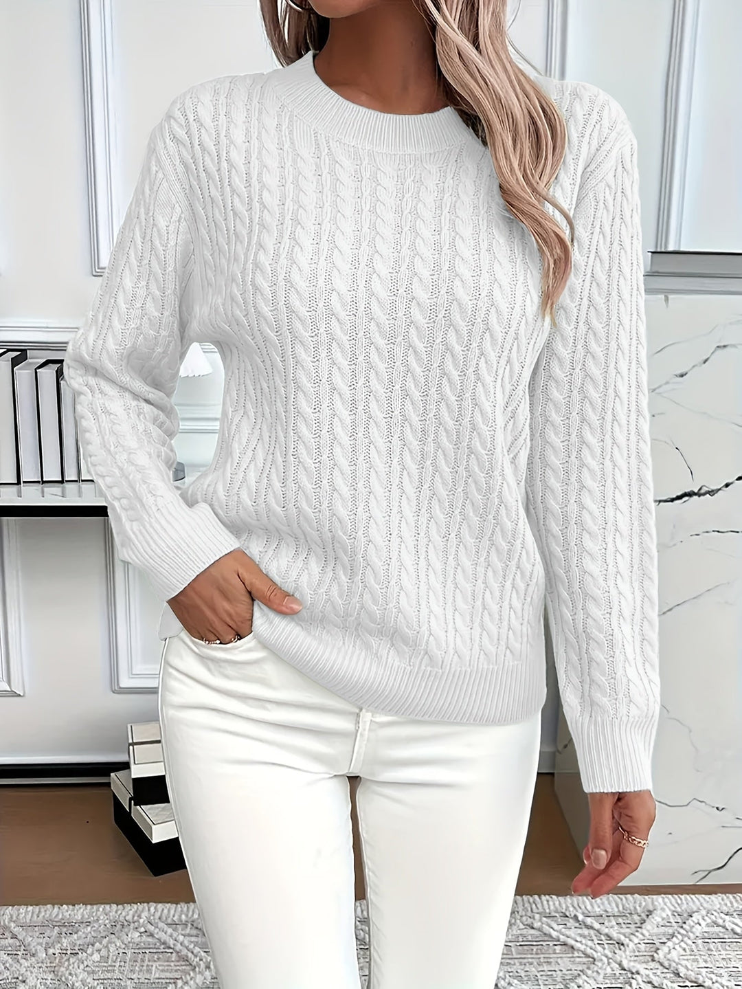 Cable Knit Sweater for Women - White