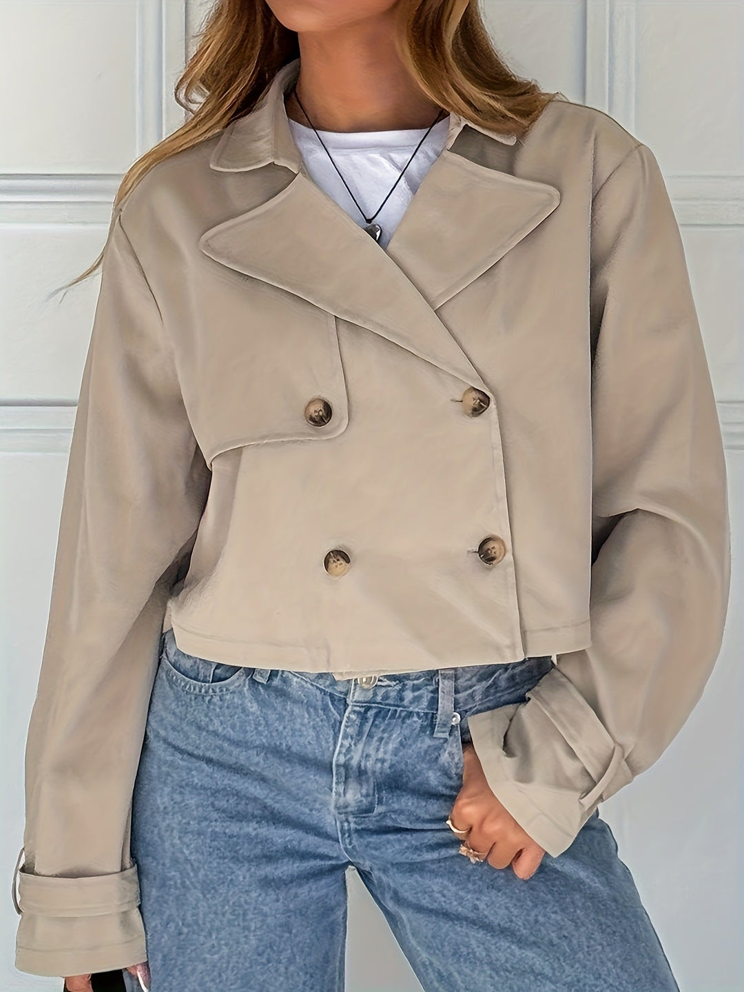 Khaki Faux Leather Pea Coat for Women - Cropped Double Breasted Coat
