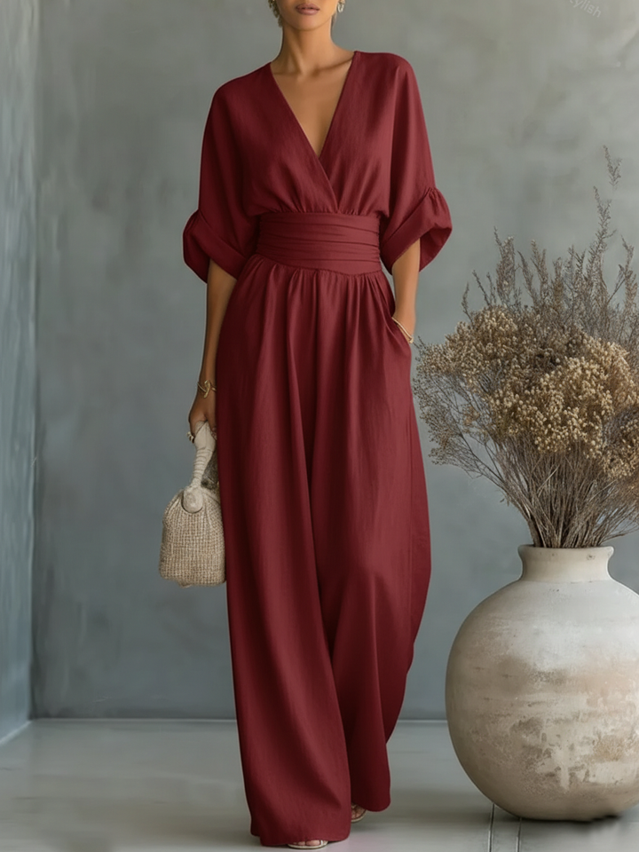 V Neck Long Sleeve Jumpsuit for Women Side Pockets