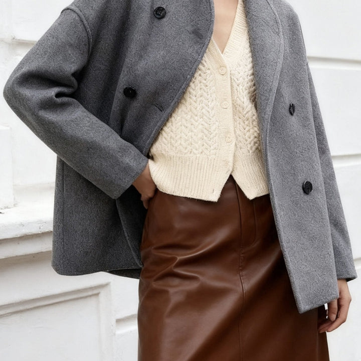 Cropped Wool Pea Coat for Women - Double Breasted Stand Collar Coat