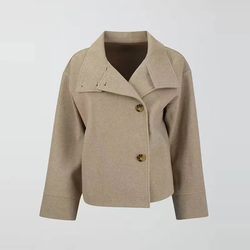 Oversized Wool Pea Coat for Women - Stand Collar Button Front Coat