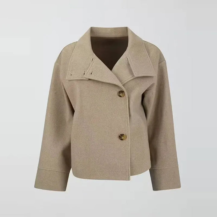 Oversized Wool Pea Coat for Women - Stand Collar Button Front Coat