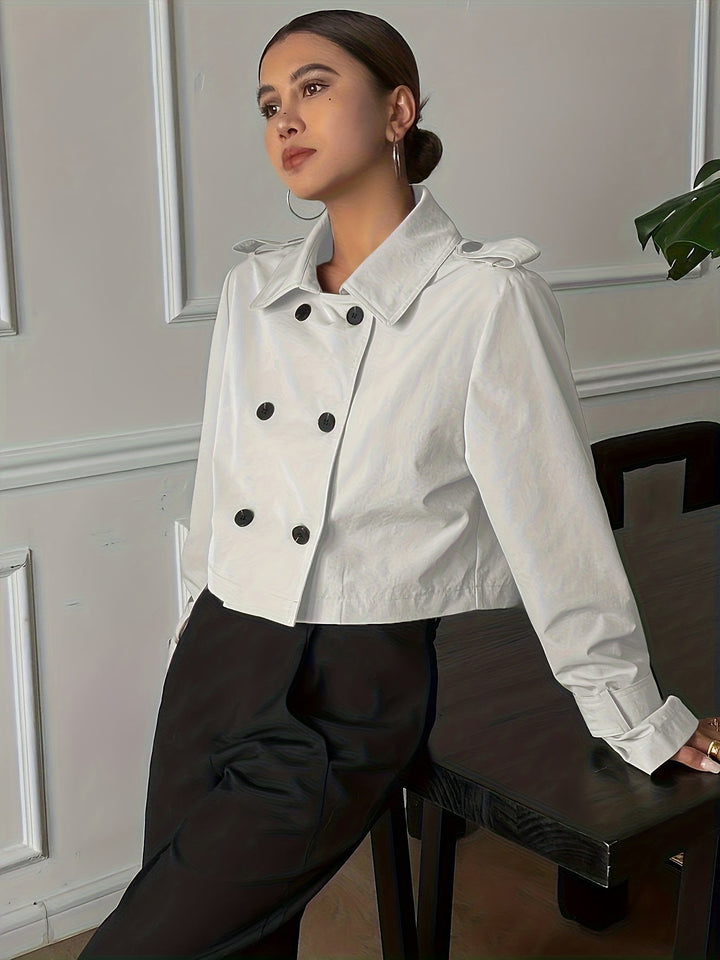 Khaki Cropped Pea Coat for Women - Double Breasted Notch Lapel Coat
