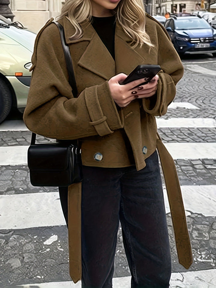 Coffee Brown Belted Pea Coat for Women - Oversized Wool Blend Coat