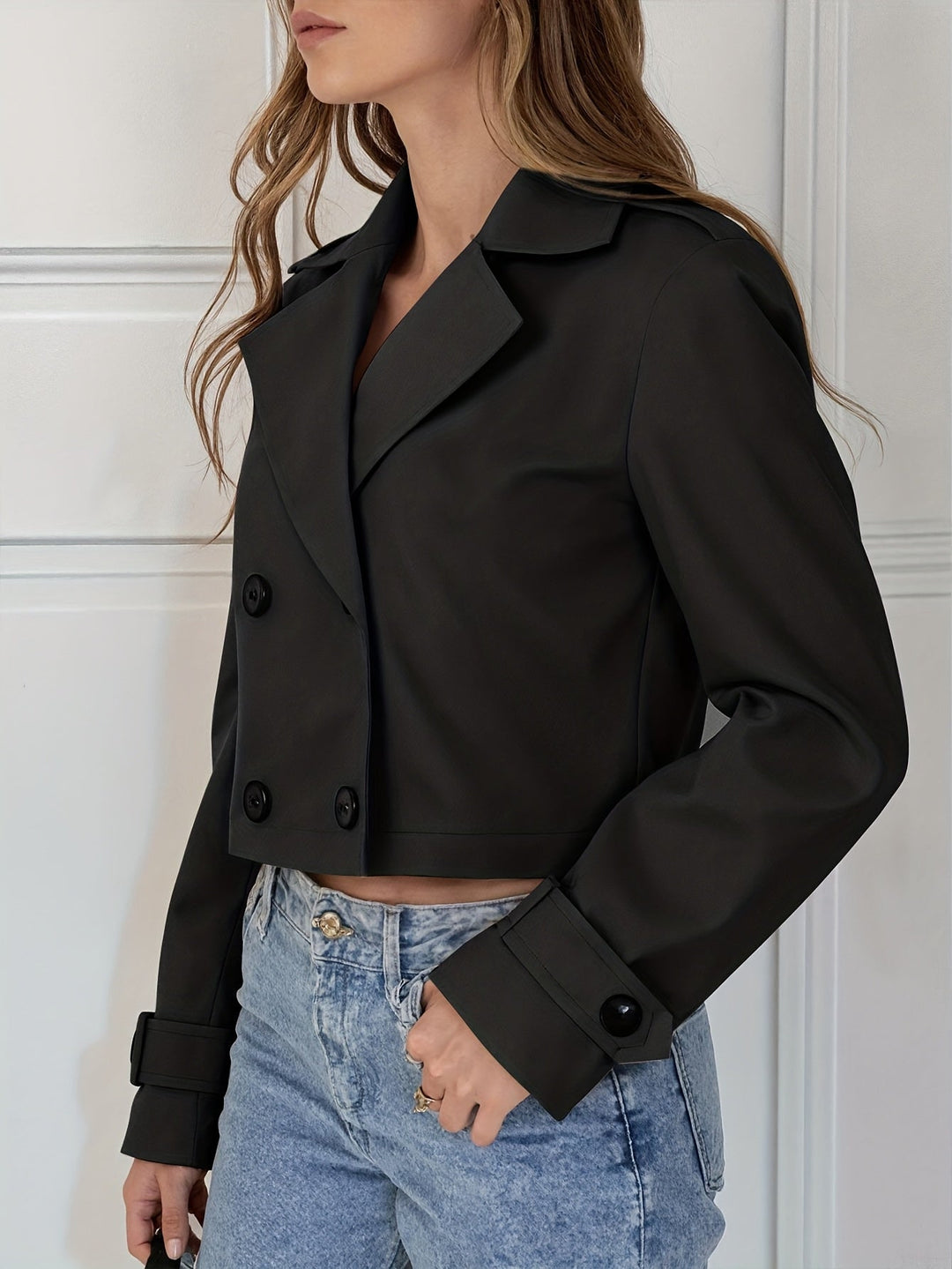 Brown Cropped Pea Coat for Women - Double Breasted Short Winter Coat
