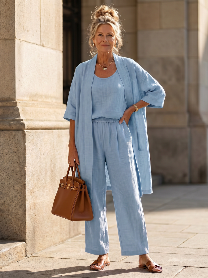 Three Piece Relaxed Top Wide Leg Pant Set for Women - Blue