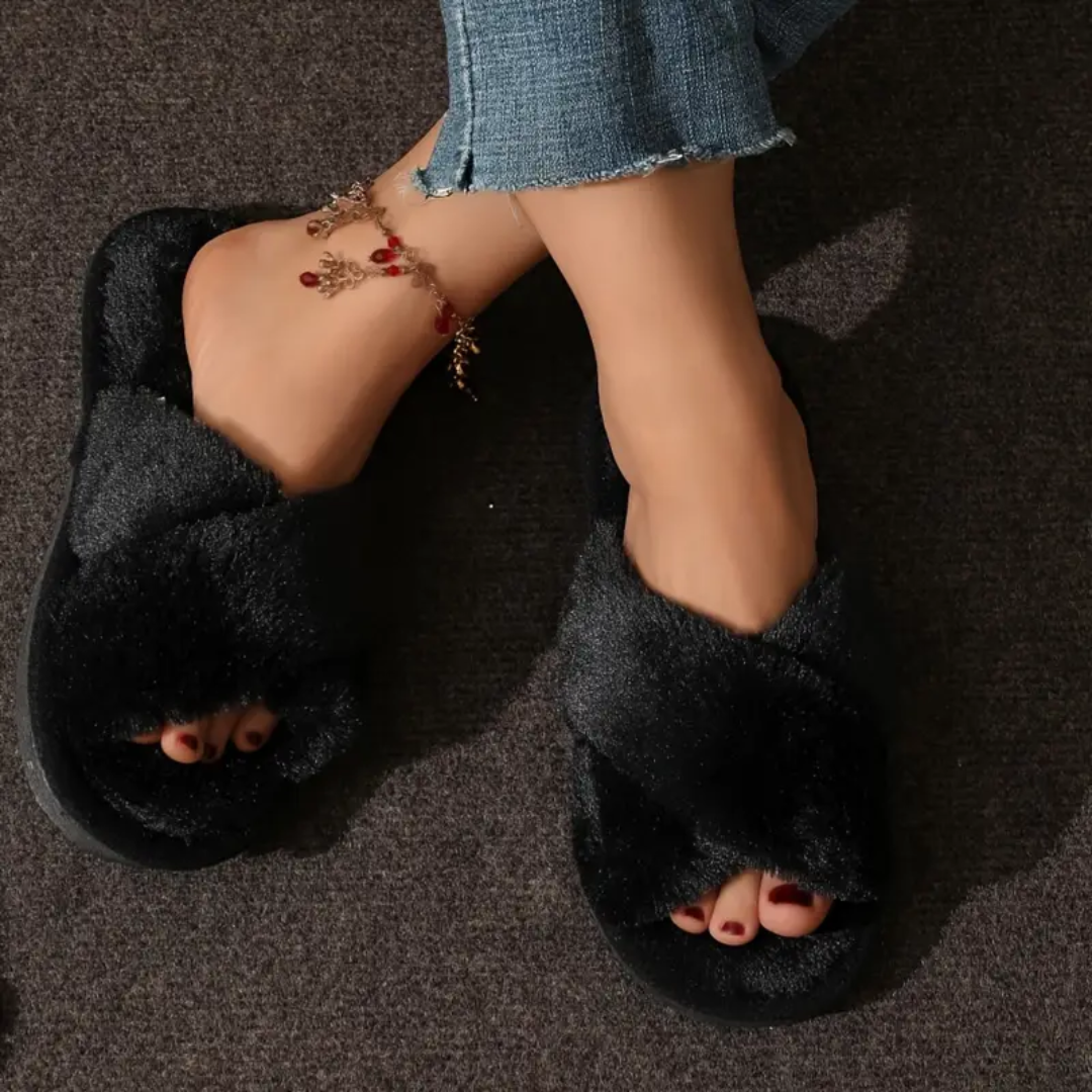 Criss Cross Fuzzy Slippers for Women Cushioned Sole Non Slip
