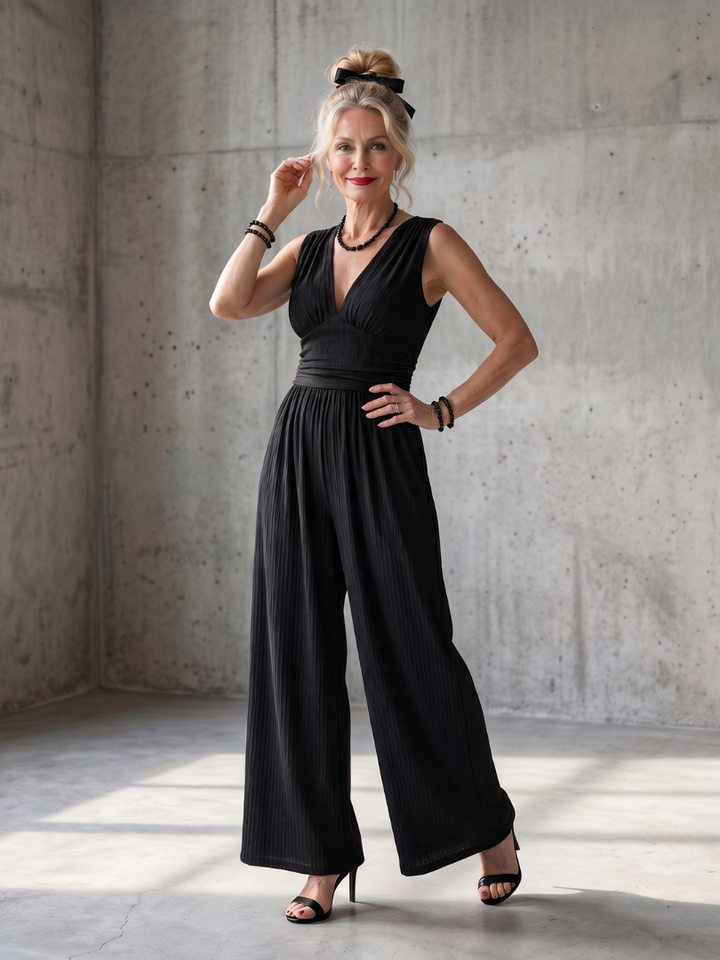 Deep V Neck Sleeveless Jumpsuit for Women Wide Leg Defined Waist