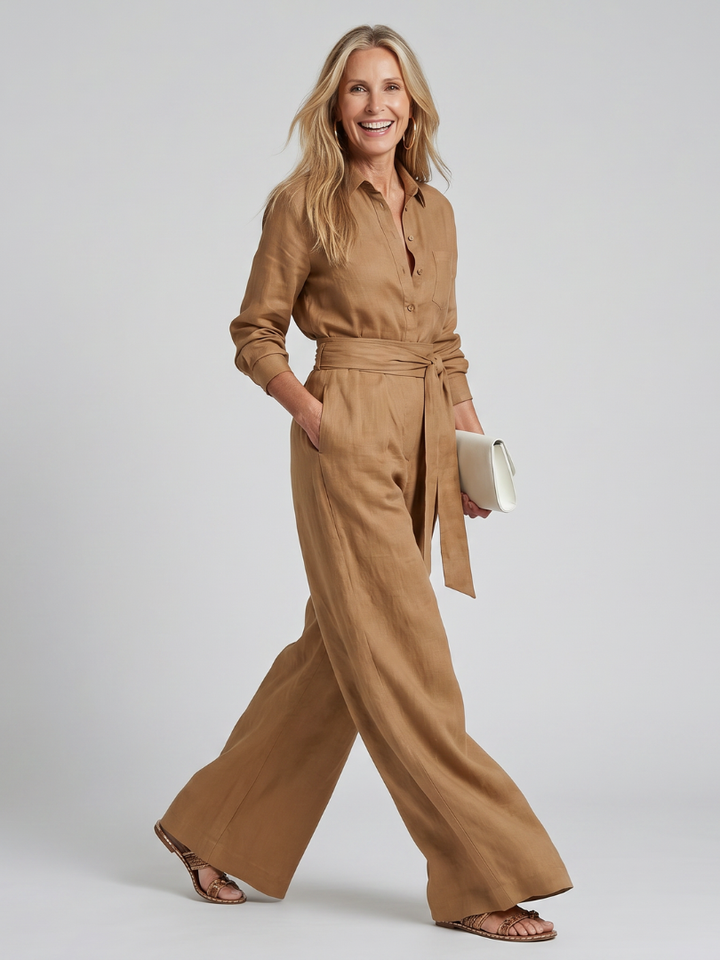 Collared Button Front Jumpsuit for Women Long Sleeve Wide Leg