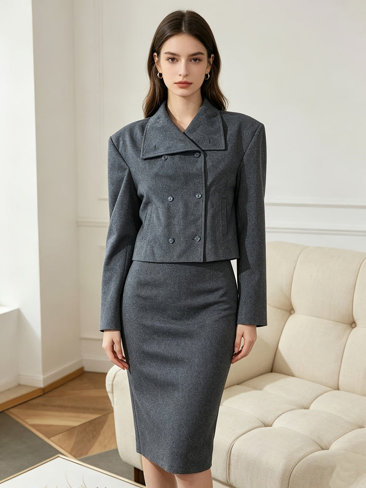 Short Wool Pea Coat for Women - Notch Lapel Double Breasted Jacket