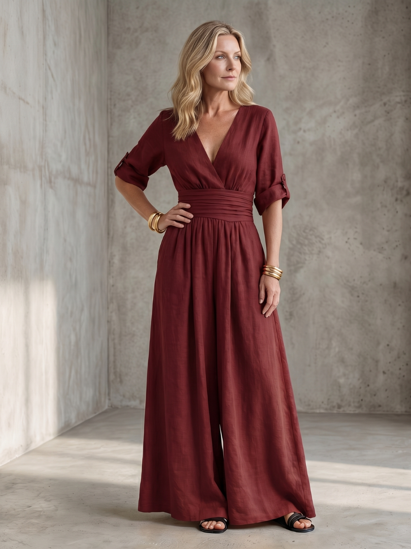Cross Front Wide Leg Jumpsuit for Women Elbow Sleeve Defined Waist