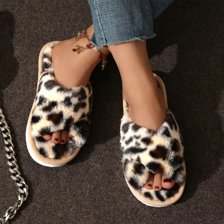 Criss Cross Fuzzy Slippers for Women Cushioned Sole Non Slip
