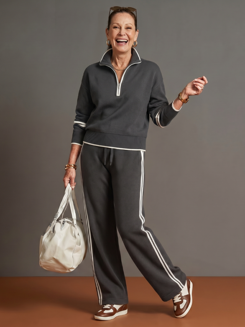 Zip Neck Long Sleeve Knit Top Wide Leg Pant Set for Women - Grey