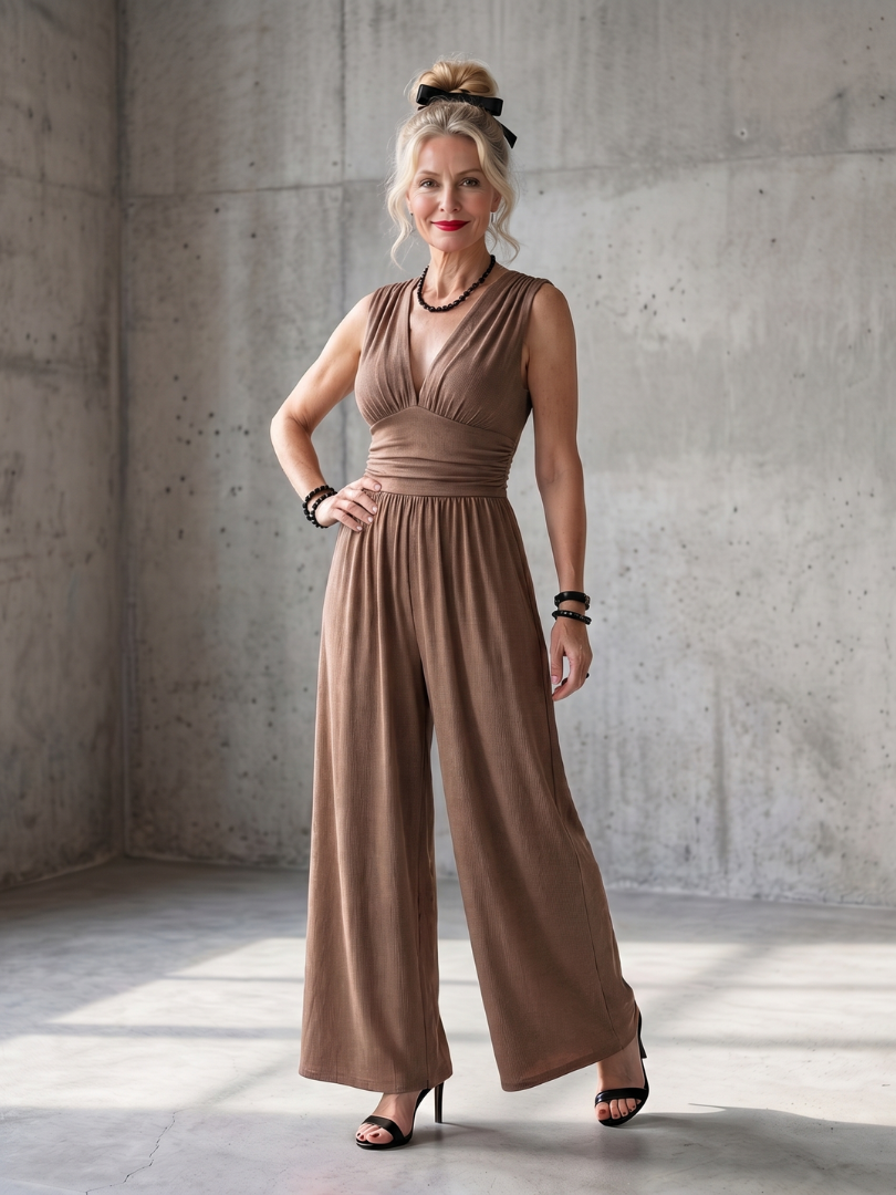 Deep V Neck Sleeveless Jumpsuit for Women Wide Leg Defined Waist