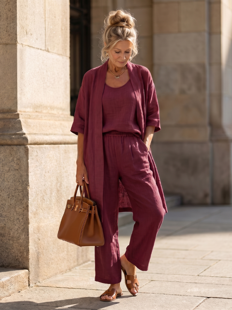 Three Piece Relaxed Top Wide Leg Pant Set for Women - Red