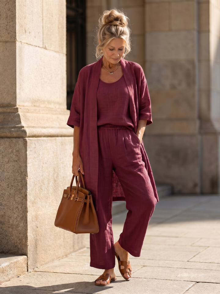 Three Piece Relaxed Top Wide Leg Pant Set for Women - Red
