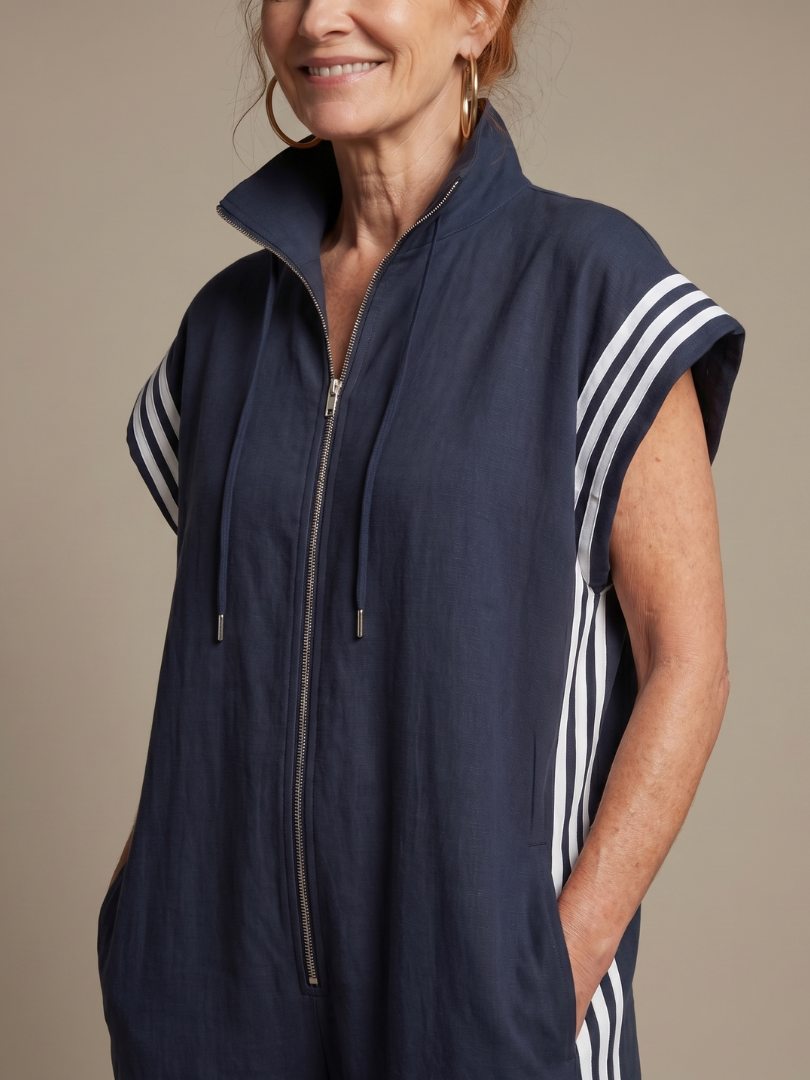 Zip Front Jumpsuit for Women Cap Sleeve Side Stripe Panel