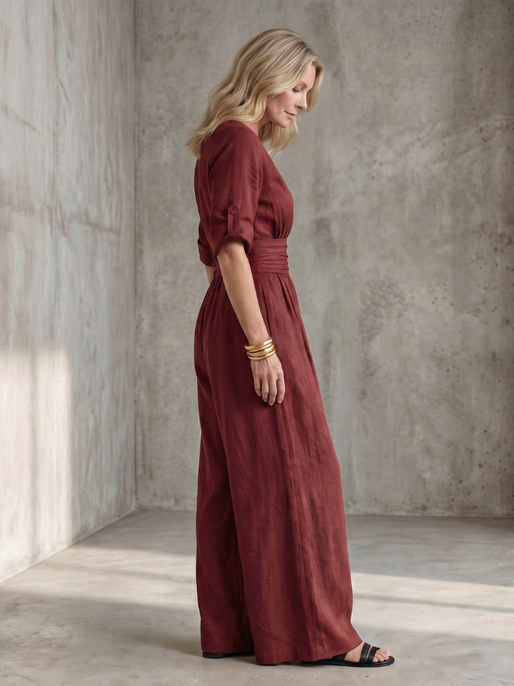 Cross Front Wide Leg Jumpsuit for Women Elbow Sleeve Defined Waist