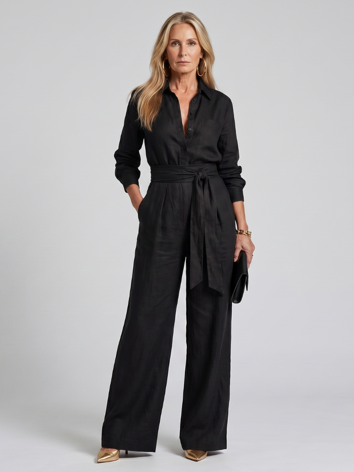 Collared Button Front Jumpsuit for Women Long Sleeve Wide Leg