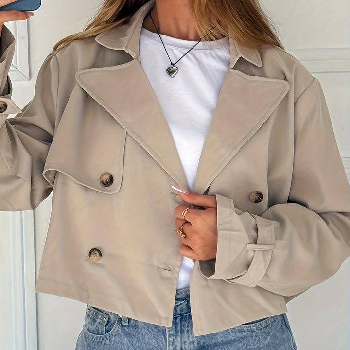 Khaki Faux Leather Pea Coat for Women - Cropped Double Breasted Coat
