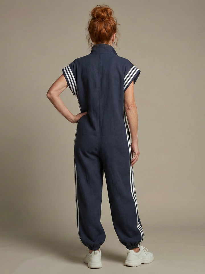 Zip Front Jumpsuit for Women Cap Sleeve Side Stripe Panel