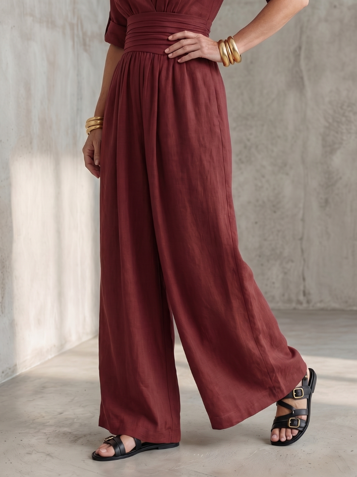 Cross Front Wide Leg Jumpsuit for Women Elbow Sleeve Defined Waist