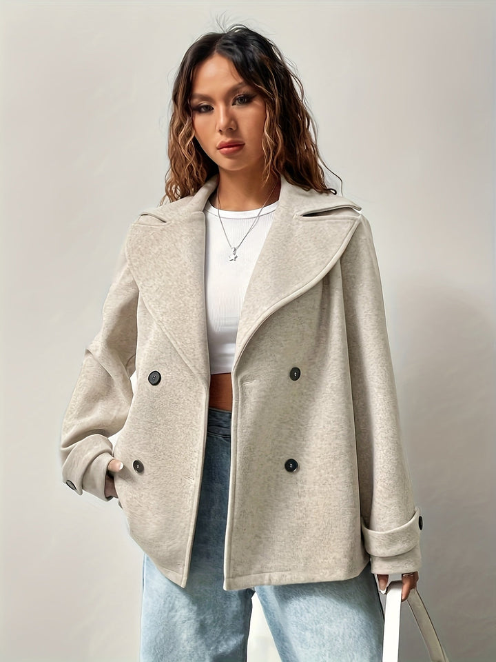 Beige Wool Pea Coat for Women - Double Breasted Relaxed Fit Coat
