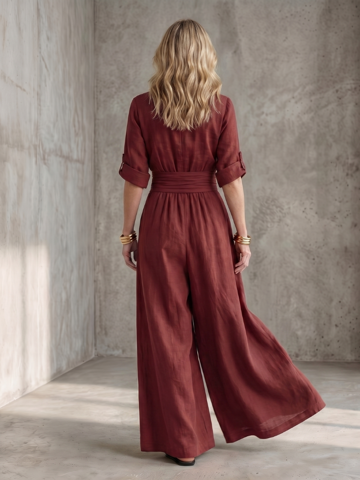 Cross Front Wide Leg Jumpsuit for Women Elbow Sleeve Defined Waist