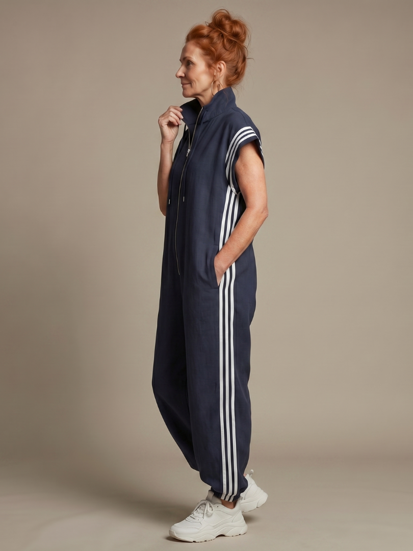 Zip Front Jumpsuit for Women Cap Sleeve Side Stripe Panel