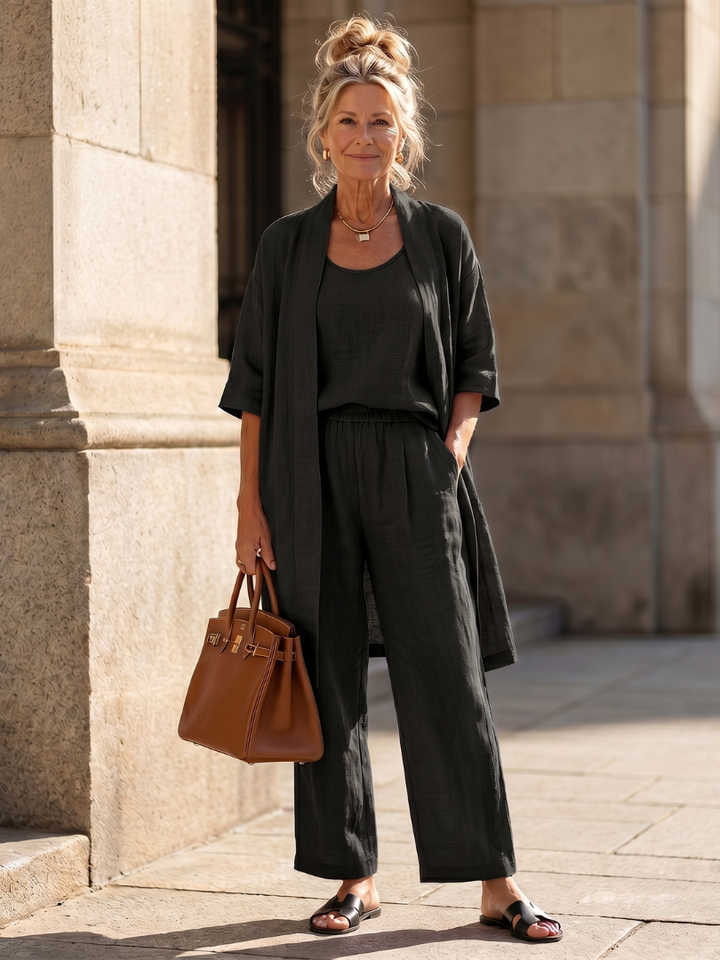 Three Piece Relaxed Top Wide Leg Pant Set for Women - Black