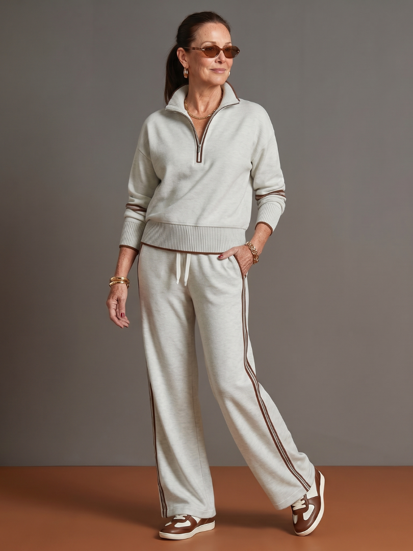 Zip Neck Long Sleeve Knit Top Wide Leg Pant Set for Women - White