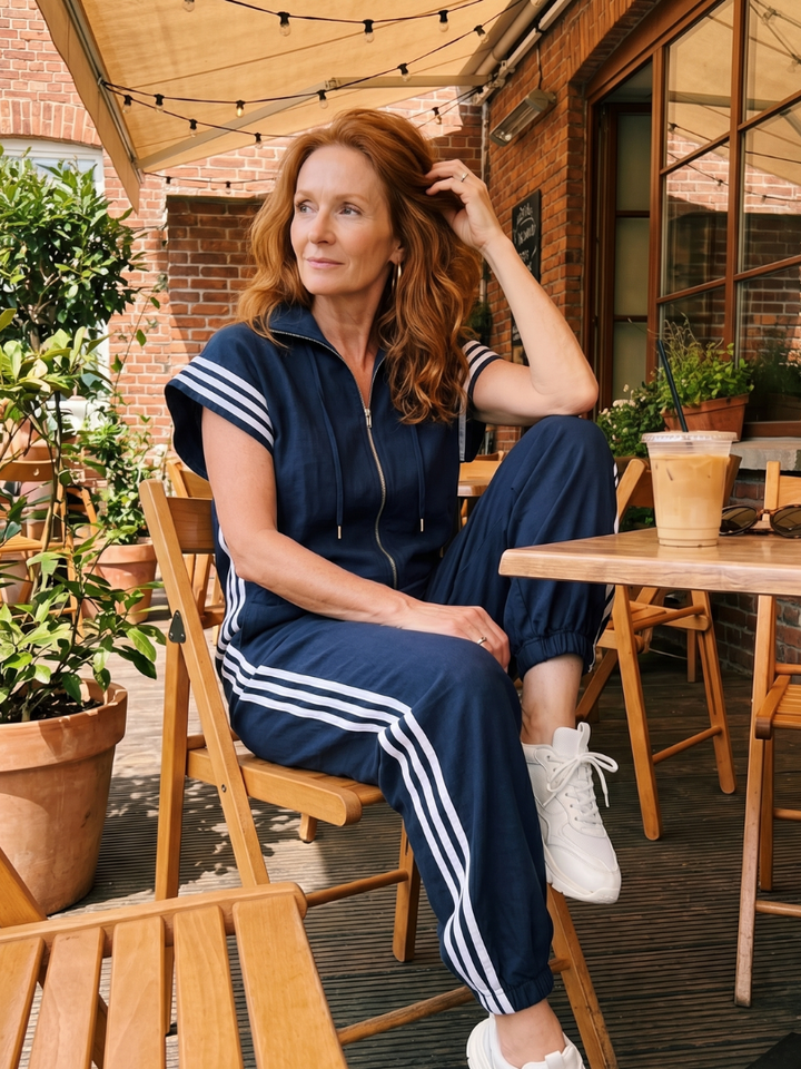 Zip Front Jumpsuit for Women Cap Sleeve Side Stripe Panel