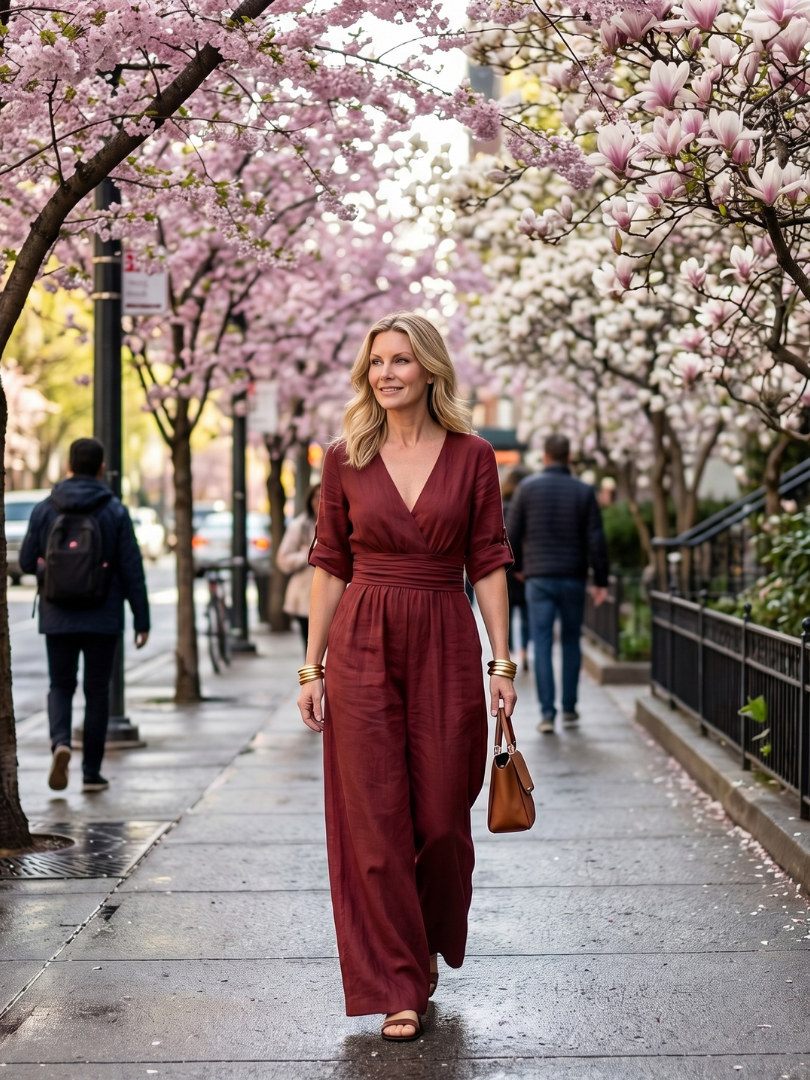 Cross Front Wide Leg Jumpsuit for Women Elbow Sleeve Defined Waist