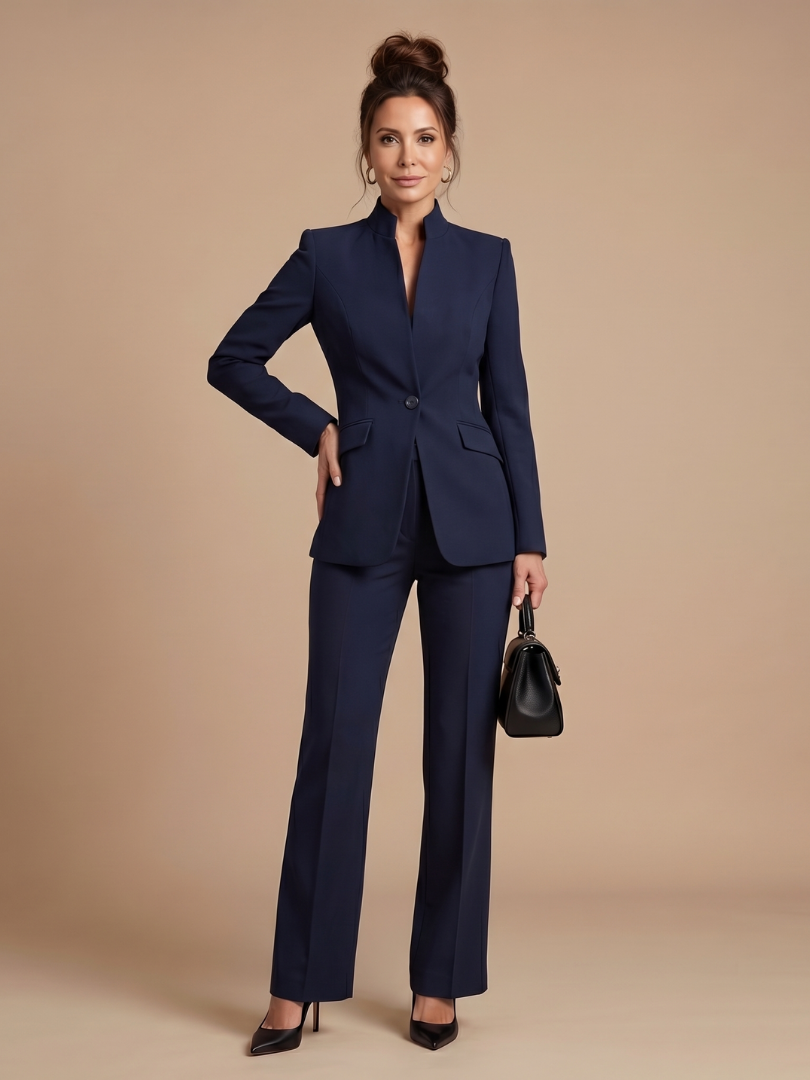 Structured Stand Collar Tailored Suit for Women - Navy