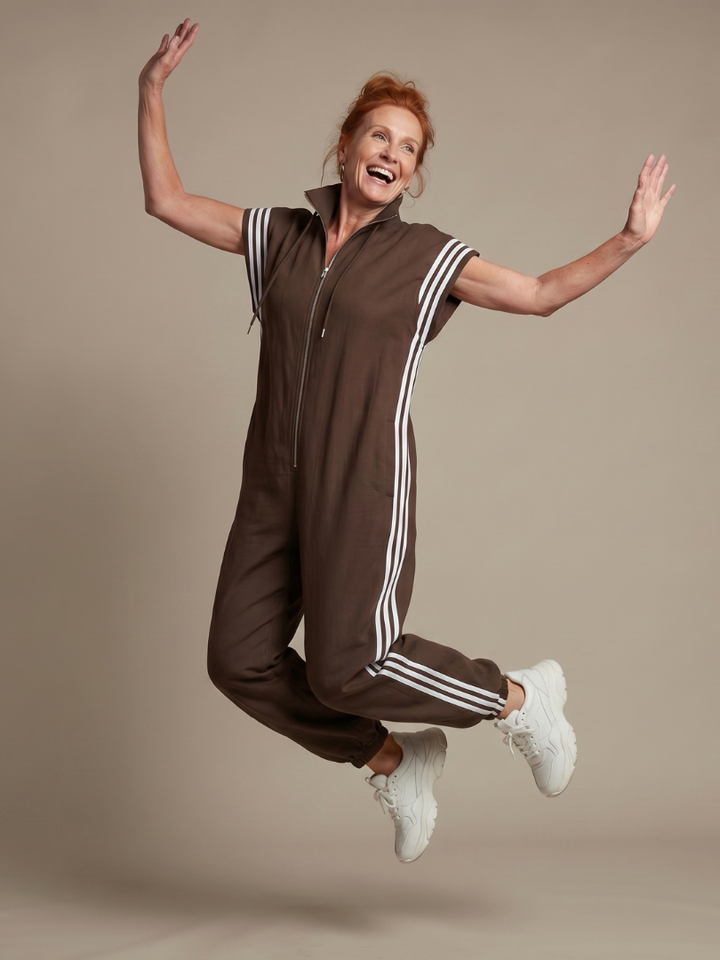 Zip Front Jumpsuit for Women Cap Sleeve Side Stripe Panel