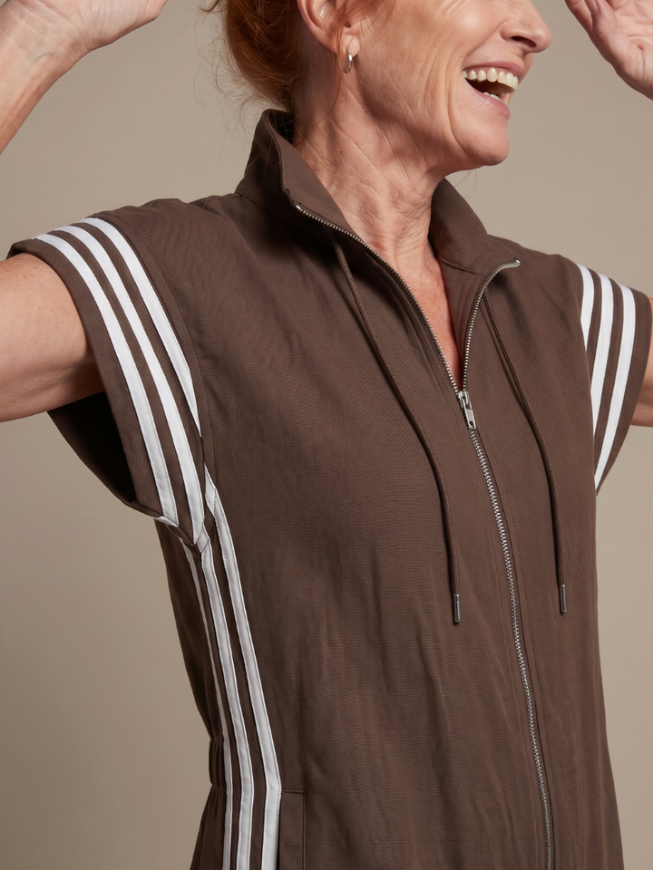Zip Front Jumpsuit for Women Cap Sleeve Side Stripe Panel