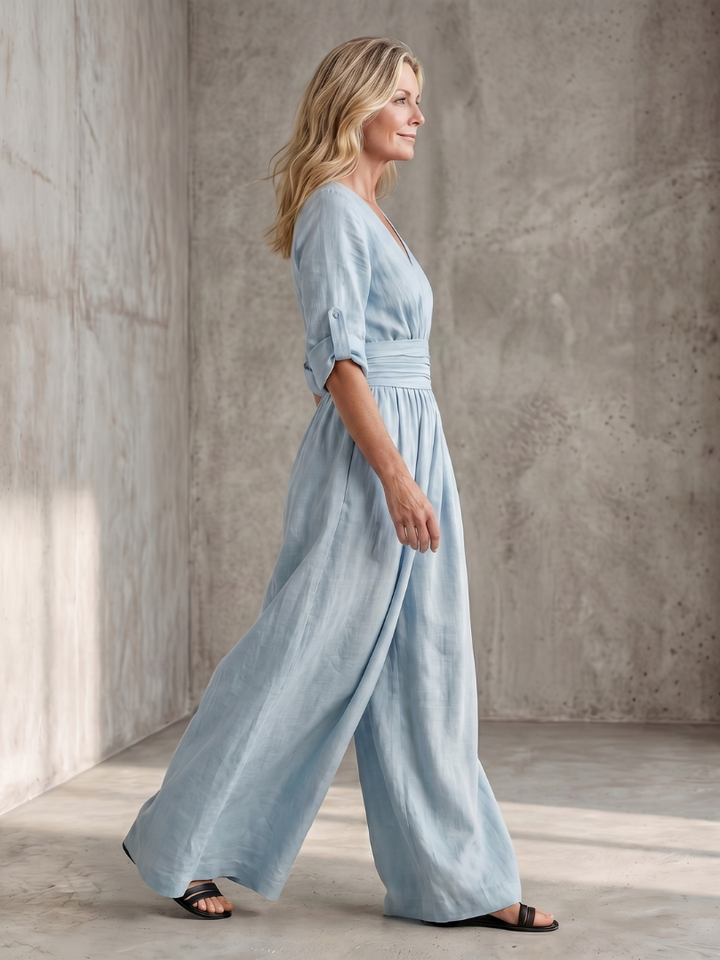 Cross Front Wide Leg Jumpsuit for Women Elbow Sleeve Defined Waist