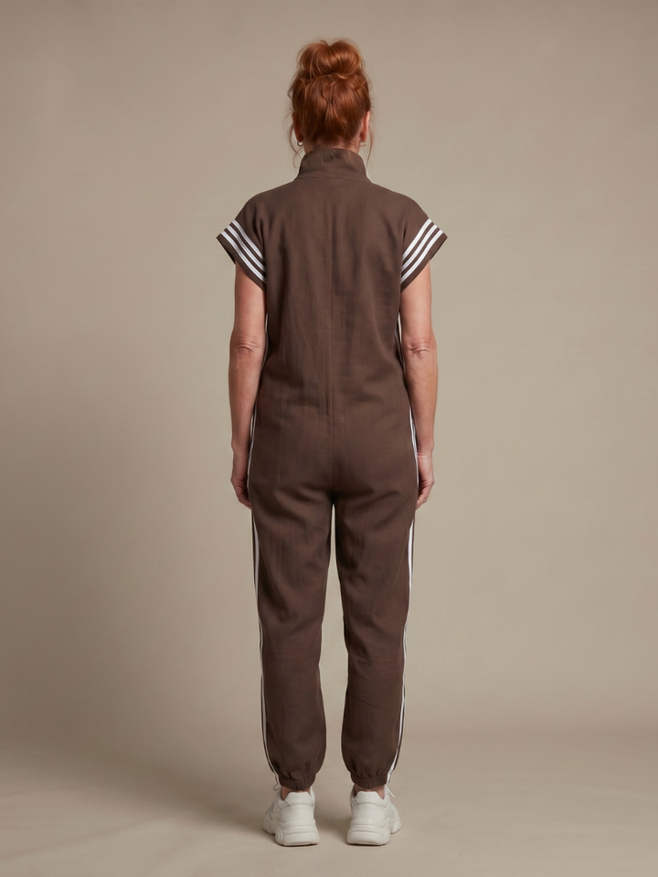 Zip Front Jumpsuit for Women Cap Sleeve Side Stripe Panel