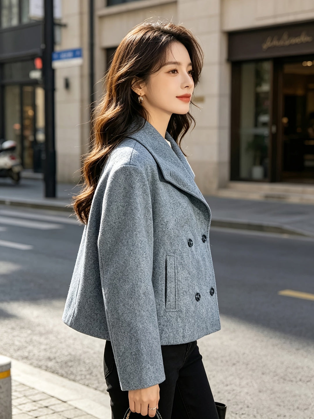 Short Wool Pea Coat for Women - Notch Lapel Double Breasted Jacket