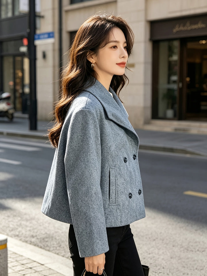 Short Wool Pea Coat for Women - Notch Lapel Double Breasted Jacket