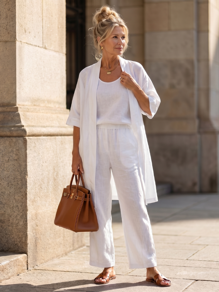 Three Piece Relaxed Top Wide Leg Pant Set for Women - White