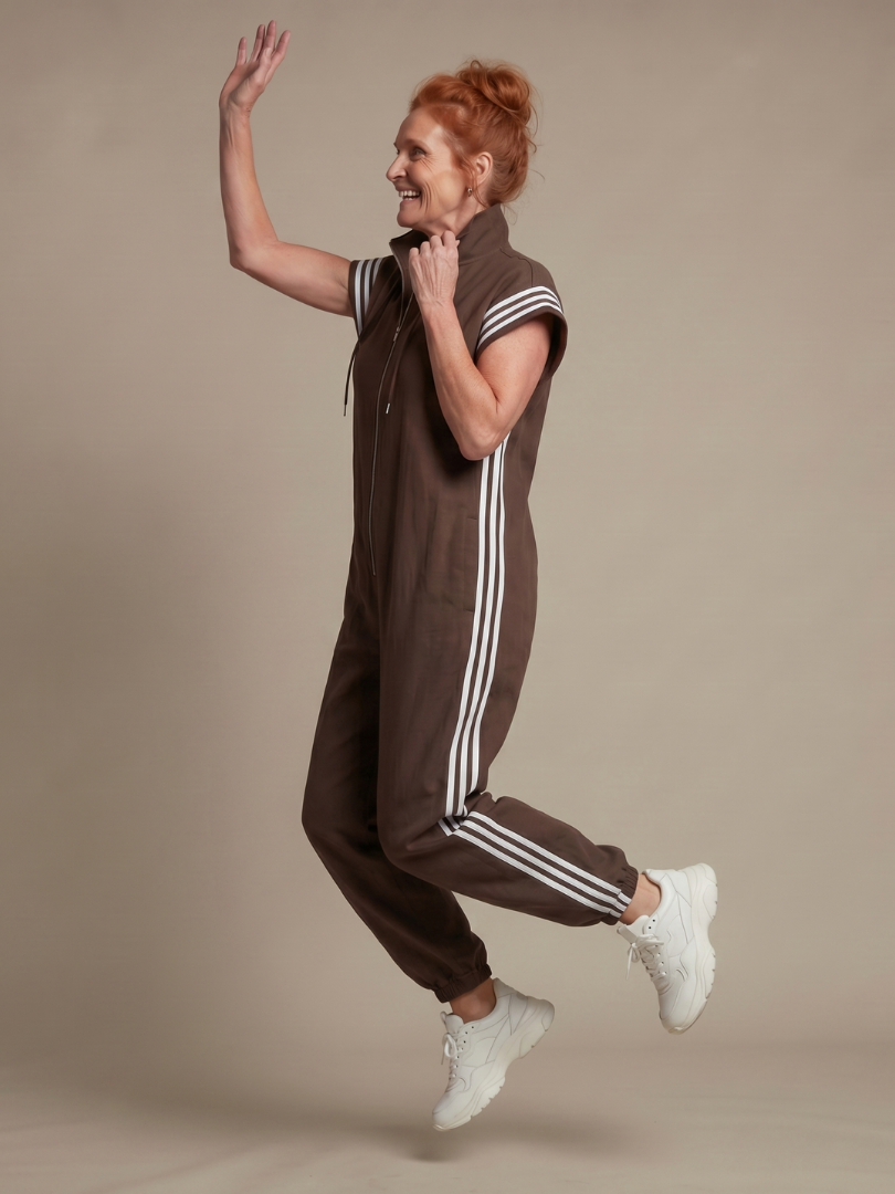 Zip Front Jumpsuit for Women Cap Sleeve Side Stripe Panel