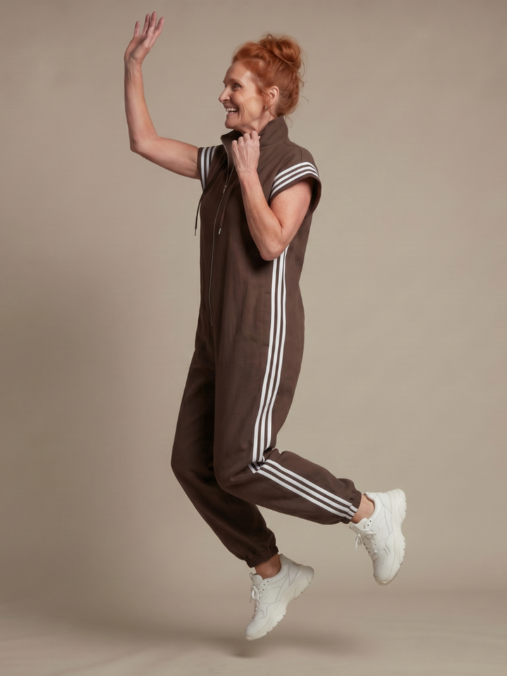 Zip Front Jumpsuit for Women Cap Sleeve Side Stripe Panel