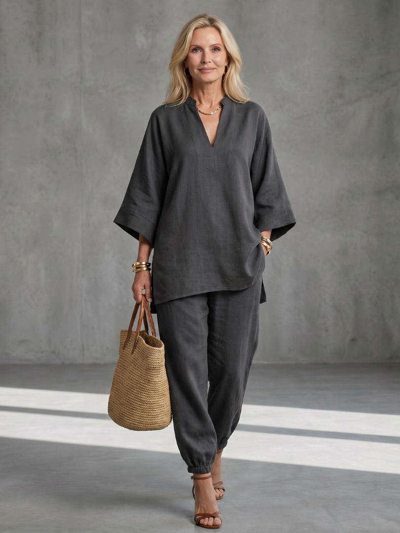 V Neck Tunic Gathered Trouser Set for Women - Grey