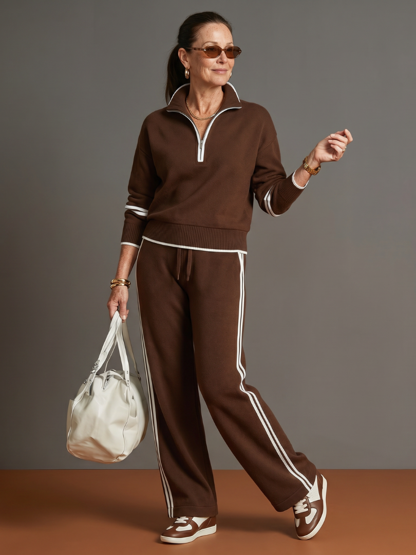 Zip Neck Long Sleeve Knit Top Wide Leg Pant Set for Women - Brown