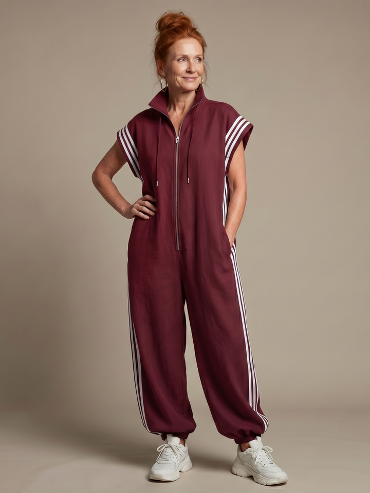 Zip Front Jumpsuit for Women Cap Sleeve Side Stripe Panel