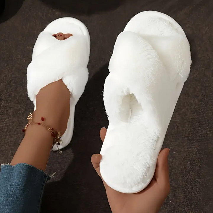 Criss Cross Fuzzy Slippers for Women Cushioned Sole Non Slip