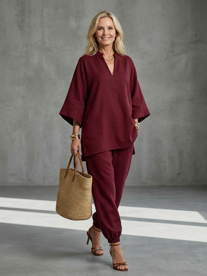 V Neck Tunic Gathered Trouser Set for Women - Burgundy